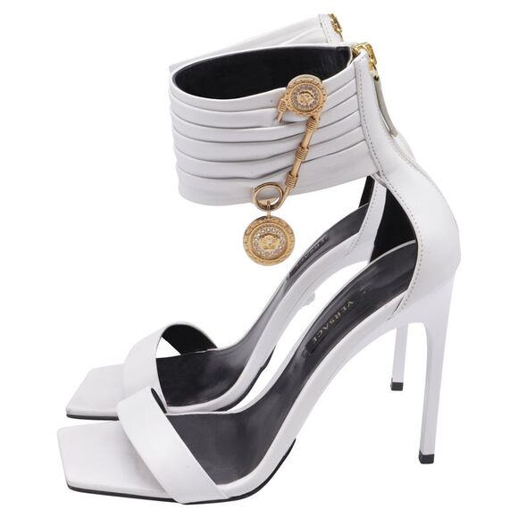 Versace Safety Pin Ankle-Cuff Sandals in White Leather - Picture 5 of 12